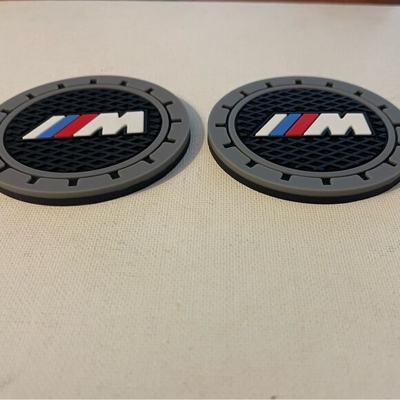 BMW Motorsports car cup Coasters in black and gray with logo Set of 2 NWT - Picture 3 of 4